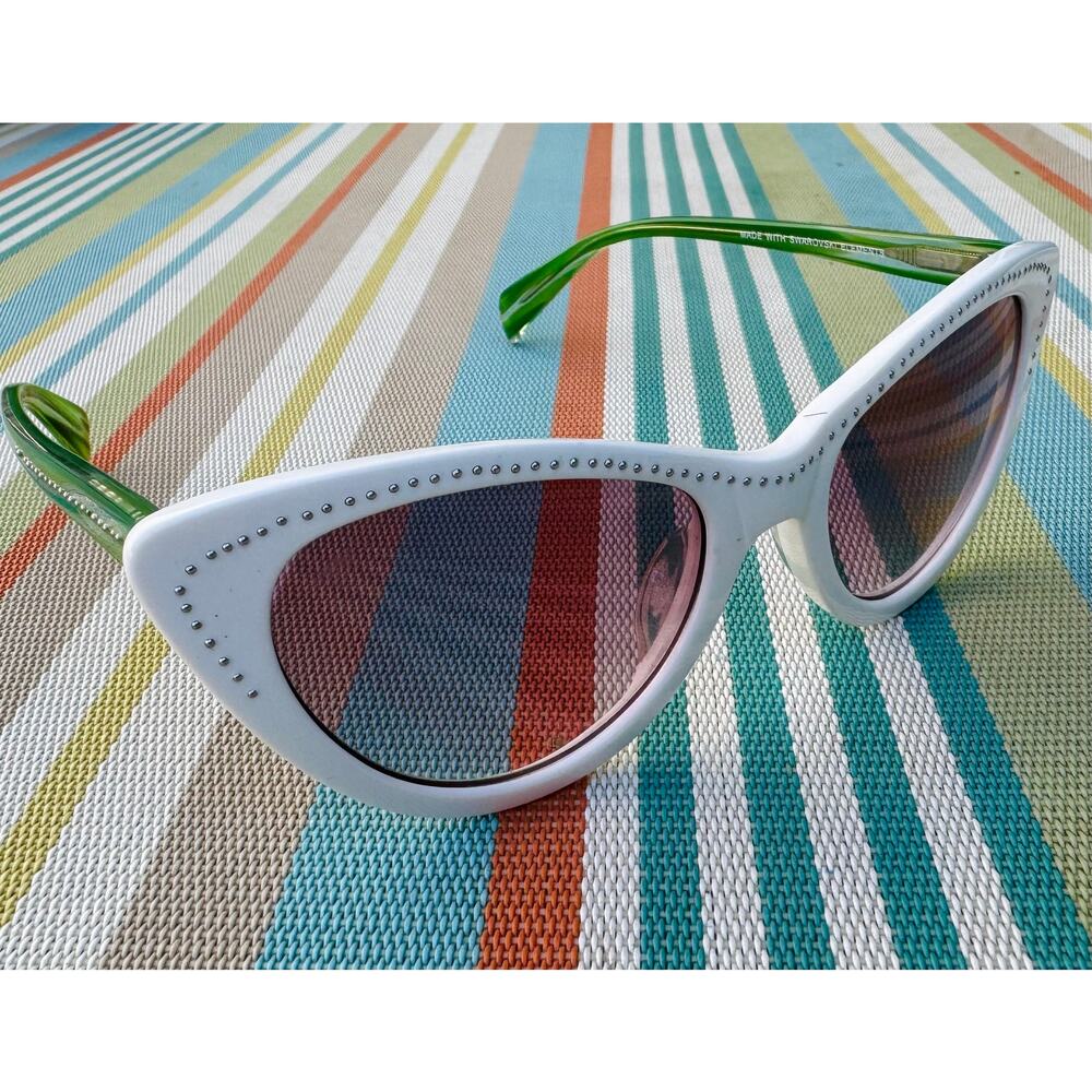 Jimmy Crystal New York White Cat Eye Sunglasses Swarovski Crystal Green Temples - Picture 3 of 5